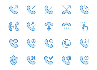 Fototapeta premium Phone call line icons set. Answer telephone, dial contact, customer service, sms minimal vector illustrations. Simple flat outline sign for web support app. Blue color, Editable Stroke