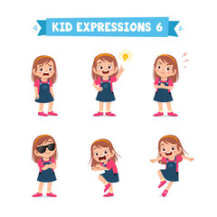 Fototapeta na wymiar cute little kid girl in various expressions and gesture set