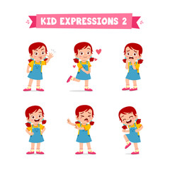 cute little kid girl in various expressions and gesture set