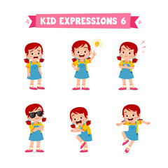 cute little kid girl in various expressions and gesture set