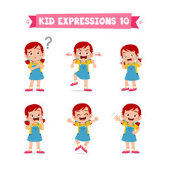 cute little kid girl in various expressions and gesture set