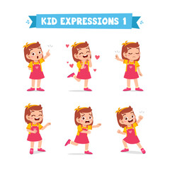 cute little kid girl in various expressions and gesture set