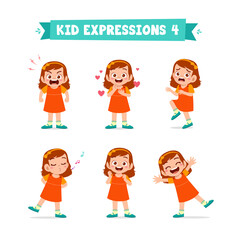 cute little kid girl in various expressions and gesture set