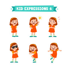 cute little kid girl in various expressions and gesture set