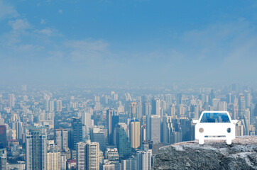 Taxi car flat icon on rock mountain over modern city tower, office building and skyscraper, Business transportation service concept