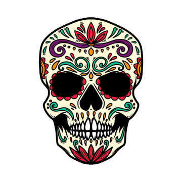 Illustration of mexican sugar skull. Design element for logo, label, sign, poster. Vector illustration