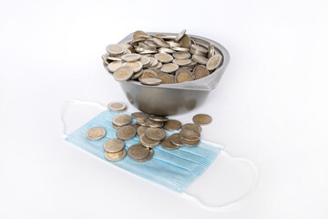 Dirty coins in a metal bowl. White background. Medical mask. Lithuanian money