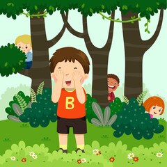 Vector illustration cartoon of children playing hide and seek in the park.