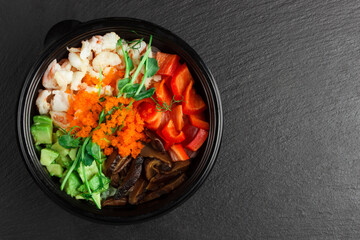 Japanese food: Set of rice, fish, avocado and bell pepper