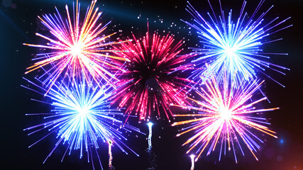 Brightly Colorful Fireworks Celebration Explosion Display On Shiny Night Sky Background