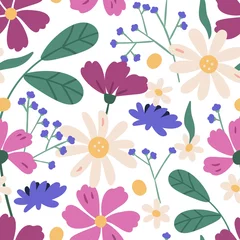 Stof per meter Colorful floral seamless pattern. Endless natural botanical background with blooming meadow daisy and cosmos flowers. Spring wildflowers and leaves. Vector illustration in flat cartoon style © Good Studio