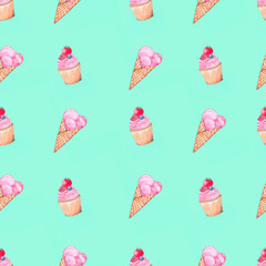 Pattern of watercolor of ice cream and cupcakes on a mint background.