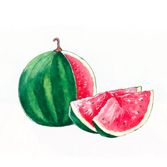 Watercolor illustration of big ripe watermelon cut into pieces on white background