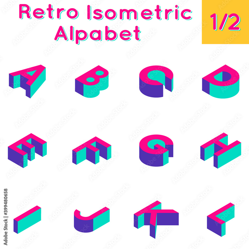Fototapete retro isometric three-dimensional bright computer game alphabet set. part 1 of 2
