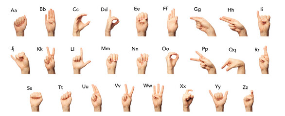 Set of man showing asl alphabet isolated on white background. Finger spelling letters from A to Z...