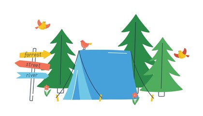 Touristic tent in wild forest with flying birds and road pointer. Concept of travel, recreation and ecotourism. Beautiful landscape with campground in the woods. Flat vector cartoon illustration © Good Studio
