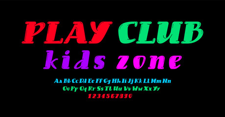 Kids bright font, alphabet in the cartoon style, multicolored trendy uppercase italic lowercase Latin letters from A to Z and Arab numbers from 0 to 9, vector illustration 10eps