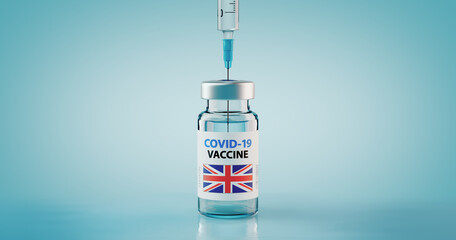 COVID-19 Coronavirus Vaccine and Syringe with flag of United Kingdom