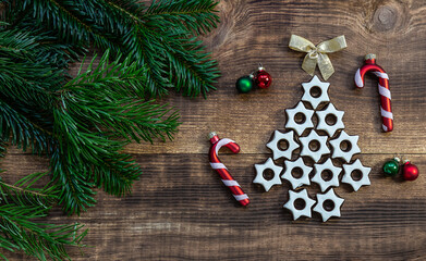 Christmas background with chocolate cookies and decorations