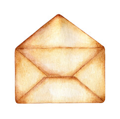 Watercolor Blank open vintage old fashioned envelope. Love symbol, greeting card clipart, decorative element. isolated on white background. Drawn by hand.