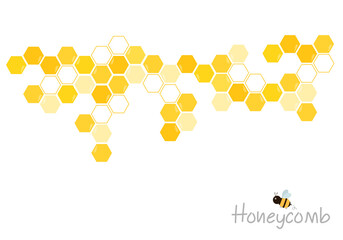Abstract  honeycomb with hexagon grid cells, cartoon bee and hand written font isolated on white background vector illustration. - obrazy, fototapety, plakaty