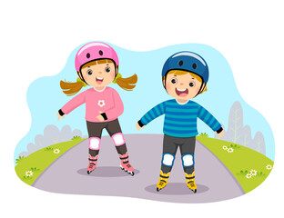 Vector illustration cartoon of kids in safety helmets playing on roller skates in the park.