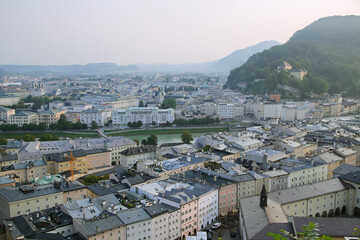 The view from Mönchsberg mountain to the old town of Salzburg, Austria