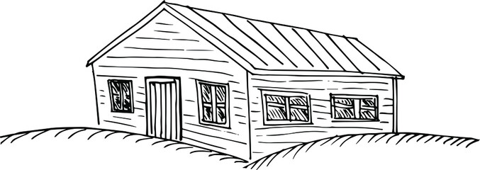 Drawing of a wooden house. A small house made of wood among the fields.