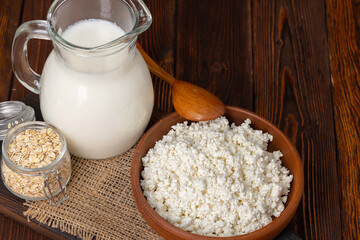 Glass pitcher of milk and bowl of cottage cheese on wooden table