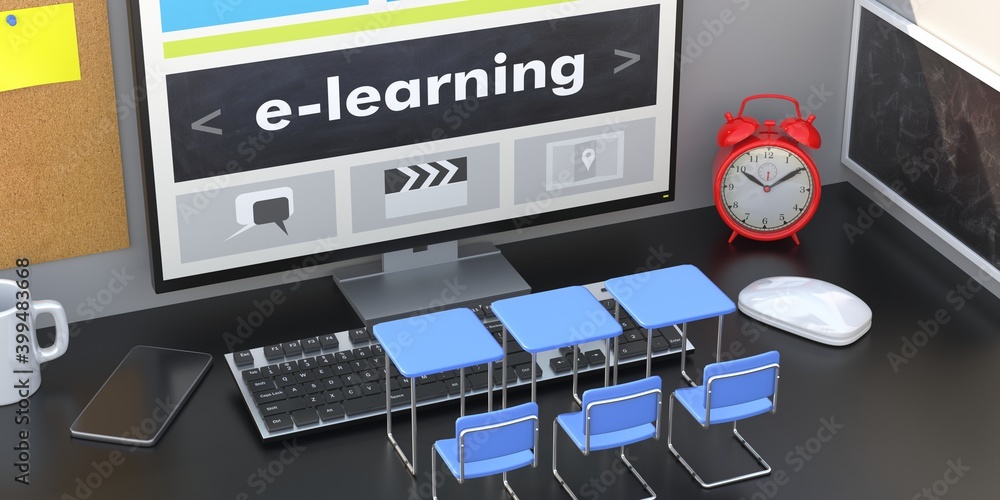 Poster e learning virtual concept. empty chairs around a computer screen, student desk background. 3d illus