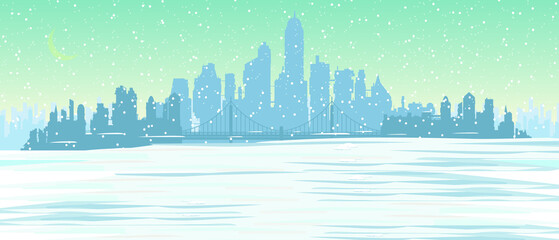 Snowy silhouette of the city. Frozen water. Day. Snowfall. New Year. Vector