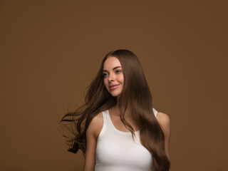 Beautiful long hair woman healthy clean skin happy female portrait