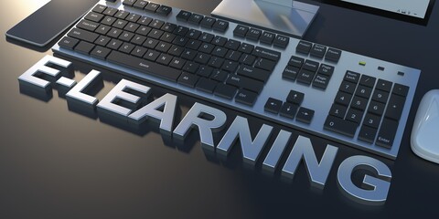 E learning concept. computer and text on a black desk background. 3d illustration