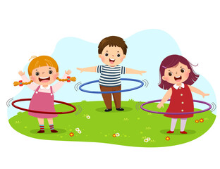 Vector illustration cartoon of kids playing hula hoop in the park.