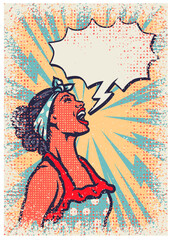 Pop art vintage woman poster template, vector illustration