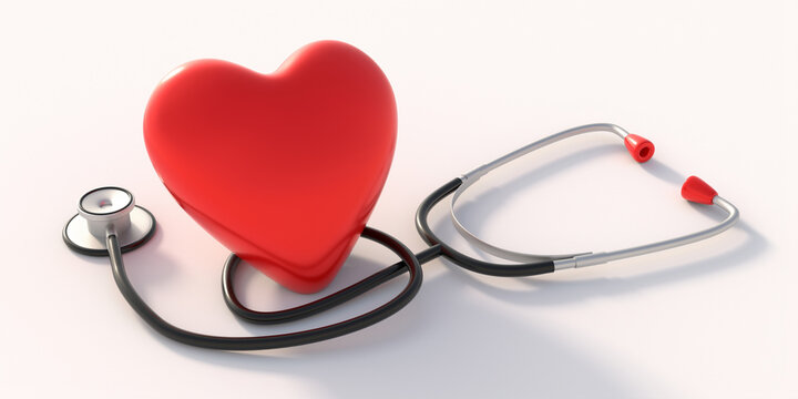 Stethoscope and red heart on white background. Health checkup cardio diagnosis concept. 3d illustration