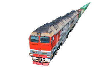 Freight train with diesel locomotive isolated on white background.