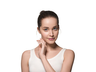 Beautiful woman with clean face skin hands manicure natural touching face