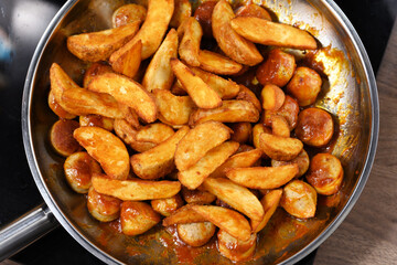 Sausages in sauce with potatoes on the pan on the stove.