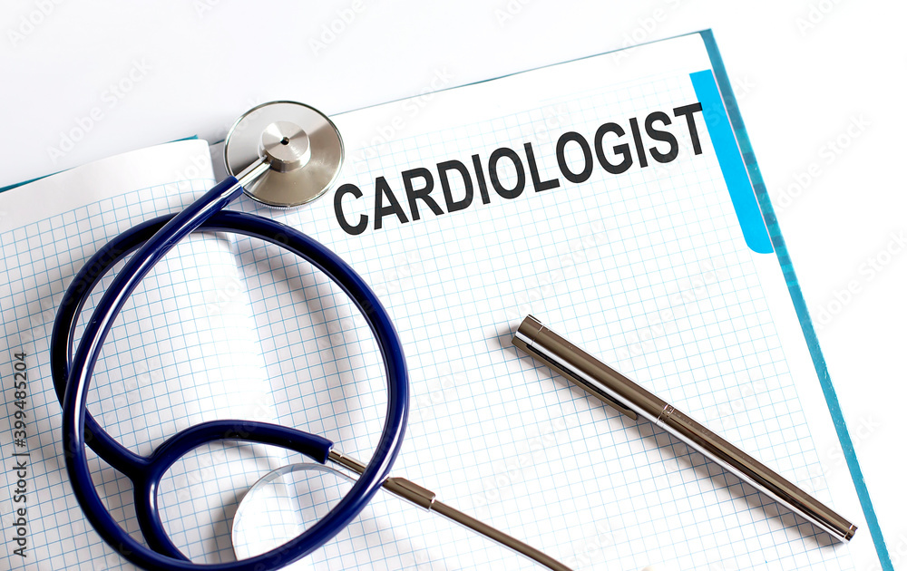 Poster paper with text cardiologist on table with stethoscope