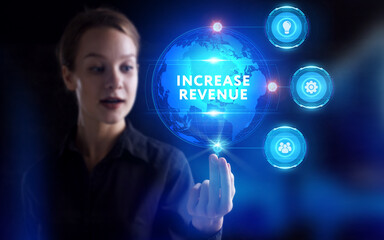 Business, Technology, Internet and network concept. Young businessman working on a virtual screen of the future and sees the inscription: Increase revenue