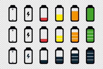 Battery Status Full, Half And Empty - Editable Vector Icons - Isolated On Transparent Background