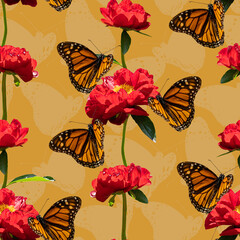 Colorful floral seamless pattern with red peony flowers and monarch butterflies collage on yellow background. Stock illustration.