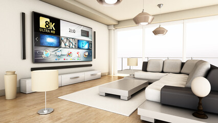 8K tv hanging on the wall of a modern room. 3D illustration