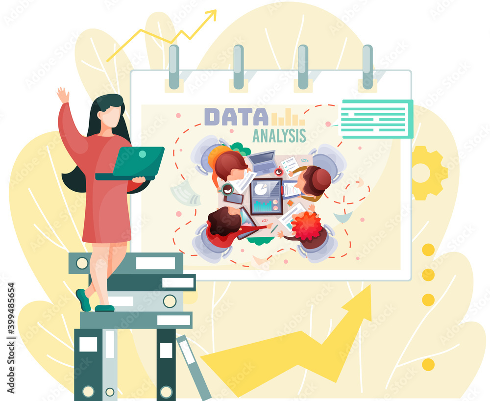 Aufkleber data analysis teamwork. team of analysts holds a meeting and develops a profitable business plan bas