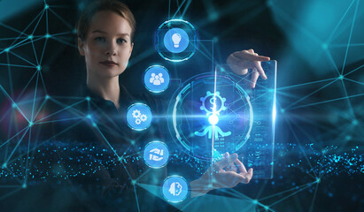 Business, Technology, Internet and network concept. Young businessman working on a virtual screen of the future and sees the inscription: