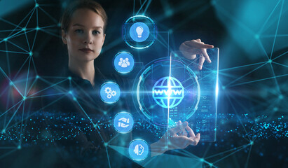 Business, Technology, Internet and network concept. Young businessman working on a virtual screen of the future and sees the inscription: