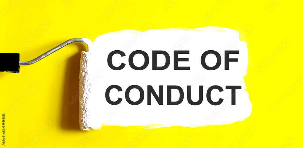 Poster code of conduct one open can of paint with white brush on it on yellow background. top view. repairi
