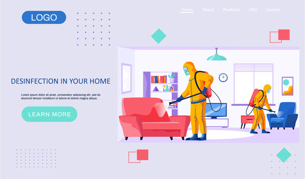 Desinfection In Your Home Landing Page Template With A Description Of The Sanitary Service. Man In A Yellow Protective Suit Disinfects The Living Room Or Office With A Spray Gun. Virus Pandemic