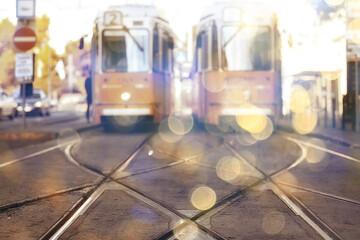 trams city landscape, blurred background traditional european city view, lifestyle